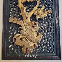 Vintage Large Hong Kong Gilted Antiqued Wood Carved Chinese Art Panel Pair