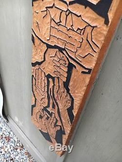 Vintage Large Mid Century Carved Wood Panel HANDS sculpture Woodcut 48 abstract
