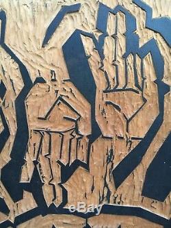 Vintage Large Mid Century Carved Wood Panel HANDS sculpture Woodcut 48 abstract