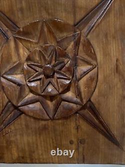 Vintage Large Wood Carved Wall Art Panel 22X20 Rustic Heavy Shield medallion
