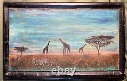 Vintage MDF Wood Panel Carving African Landscape Painting Giraffe Africa Art