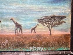 Vintage MDF Wood Panel Carving African Landscape Painting Giraffe Africa Art