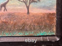 Vintage MDF Wood Panel Carving African Landscape Painting Giraffe Africa Art