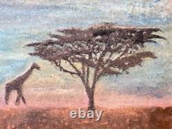 Vintage MDF Wood Panel Carving African Landscape Painting Giraffe Africa Art