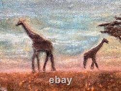 Vintage MDF Wood Panel Carving African Landscape Painting Giraffe Africa Art