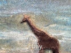 Vintage MDF Wood Panel Carving African Landscape Painting Giraffe Africa Art