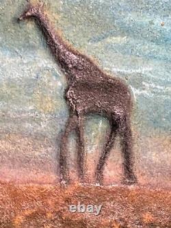 Vintage MDF Wood Panel Carving African Landscape Painting Giraffe Africa Art