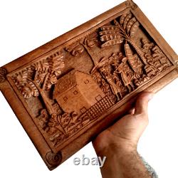 Vintage Medium Carved Teak Wood Wall Decor 3D Panel Beautiful Country Details