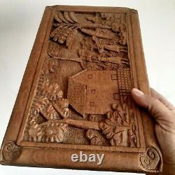 Vintage Medium Carved Teak Wood Wall Decor 3D Panel Beautiful Country Details