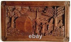 Vintage Medium Carved Teak Wood Wall Decor 3D Panel Beautiful Country Details