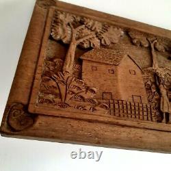 Vintage Medium Carved Teak Wood Wall Decor 3D Panel Beautiful Country Details