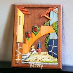 Vintage Mexican Folk Art Hand Carved Painted Relief Panel Wood Wall Art 12x9