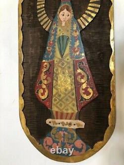 Vintage Mexican Hand Carved Madonna Virgin Mary Oval Wooden Panel, 11 1/4 x 24