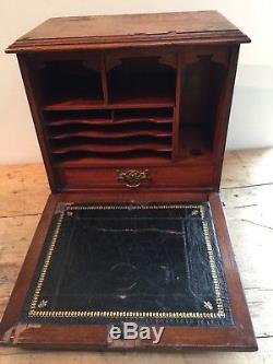 Vintage Oak Carved Front Panel Stationary / Writing Box With Drawer & Slope