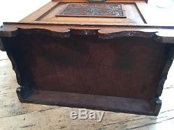 Vintage Oak Carved Front Panel Stationary / Writing Box With Drawer & Slope