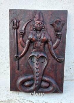 Vintage Old Rare Hand Carved Wood Hindu Goddess Naag Devi Wall Decorative Panel