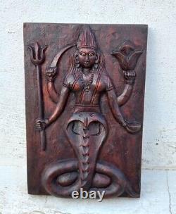 Vintage Old Rare Hand Carved Wood Hindu Goddess Naag Devi Wall Decorative Panel