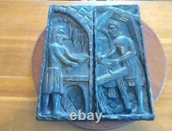 Vintage Pair 16x7 Carved Wood Medieval Blacksmith Baker Wall Panel Plaques