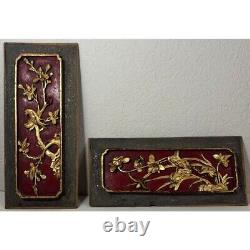 Vintage Pair Tall Chinese Wood Carving Panel Wall Decor Floral Birds Red Gold