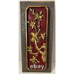 Vintage Pair Tall Chinese Wood Carving Panel Wall Decor Floral Birds Red Gold