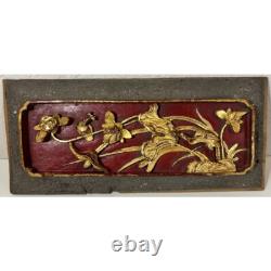 Vintage Pair Tall Chinese Wood Carving Panel Wall Decor Floral Birds Red Gold