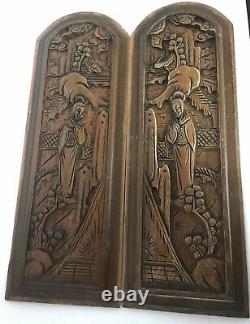 Vintage Pair of Asian Chinese Style Wood Hand Carved Hanging Wall Panels It/245