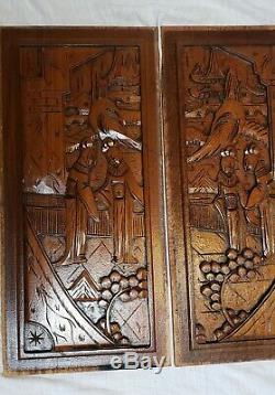 Vintage Pair of Chinese Wood Carved Panels Hand Crafted for Wall Cabinet door