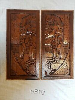 Vintage Pair of Chinese Wood Carved Panels Hand Crafted for Wall Cabinet door