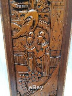 Vintage Pair of Chinese Wood Carved Panels Hand Crafted for Wall Cabinet door