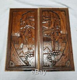 Vintage Pair of Chinese Wood Carved Panels Hand Crafted for Wall Cabinet door