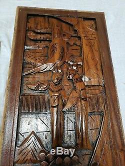 Vintage Pair of Chinese Wood Carved Panels Hand Crafted for Wall Cabinet door