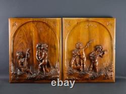 Vintage Pair of French Cherub Hand Carved Walnut Wood Panels 19th