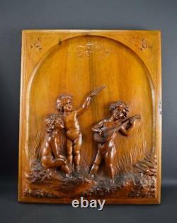 Vintage Pair of French Cherub Hand Carved Walnut Wood Panels 19th