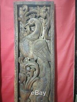 Vintage Peacock Hand Carved Wall Panel Wooden Vertical Floral Window Decor Pair