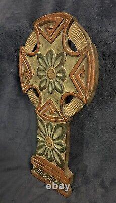 Vintage Polychrome Hand Carved Wood Wooden Celtic Wall Panel 18x9.5