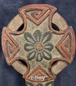 Vintage Polychrome Hand Carved Wood Wooden Celtic Wall Panel 18x9.5