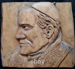 Vintage Pope John Paul ll hand carved wood panel 11 by 10.5 inches