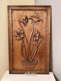 Vintage + Rare Carved Mahogany Wood Panel Hummingbird Flower Wall Art Steven Nix