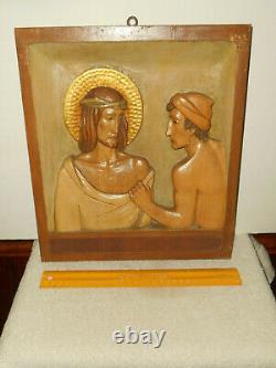 Vintage STATIONS OF THE CROSS Hand Carved Wood Relief Church Panel ITALY 1940s