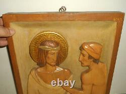 Vintage STATIONS OF THE CROSS Hand Carved Wood Relief Church Panel ITALY 1940s