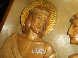 Vintage STATIONS OF THE CROSS Hand Carved Wood Relief Church Panel ITALY 1940s