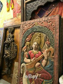 Vintage Saraswati Veena Wood Carvings Barn Door Panel Hindu Goddess Sculpture 72