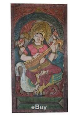 Vintage Saraswati Veena Wood Carvings Barn Door Panel Hindu Goddess Sculpture 72