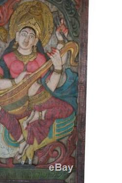 Vintage Saraswati Veena Wood Carvings Barn Door Panel Hindu Goddess Sculpture 72