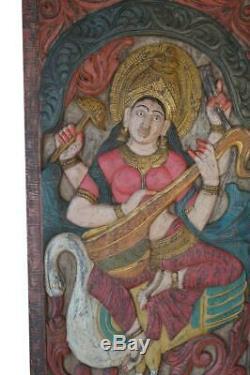 Vintage Saraswati Veena Wood Carvings Barn Door Panel Hindu Goddess Sculpture 72