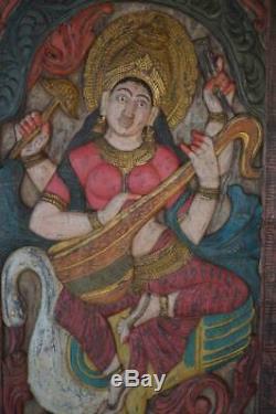 Vintage Saraswati Veena Wood Carvings Barn Door Panel Hindu Goddess Sculpture 72