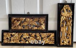 Vintage Set of 3 Chinese Carved Wood Relief Gilt Panels w Birds, Floral, Figures