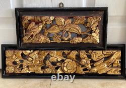 Vintage Set of 3 Chinese Carved Wood Relief Gilt Panels w Birds, Floral, Figures