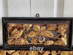 Vintage Set of 3 Chinese Carved Wood Relief Gilt Panels w Birds, Floral, Figures