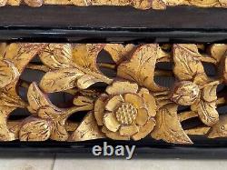 Vintage Set of 3 Chinese Carved Wood Relief Gilt Panels w Birds, Floral, Figures